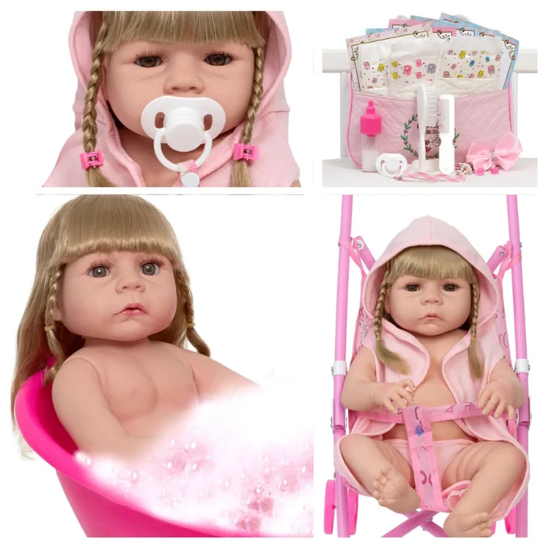 Bebe Tipo Reborn Loira Olhos Castanhos Com Carrinho 21 Itens