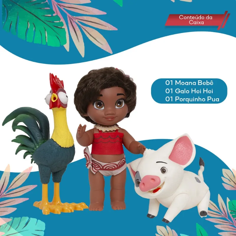Kit Brinquedo Coleção Moana Pua Hei Hei Disney Pode Molhar