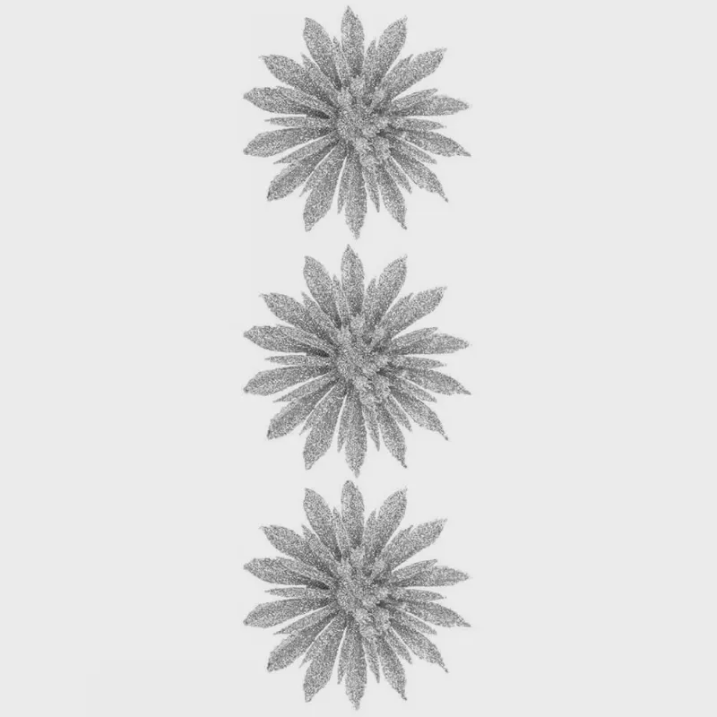 Enfeites de Natal Flores com Glitter Prata 3 peças 8cm - Casambiente