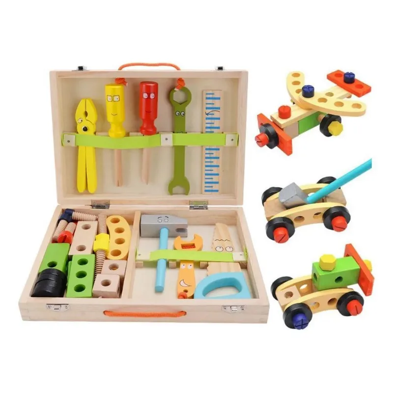 3x Brastoy Kit Caixa Maleta Madeira Infantil Com Ferramentas