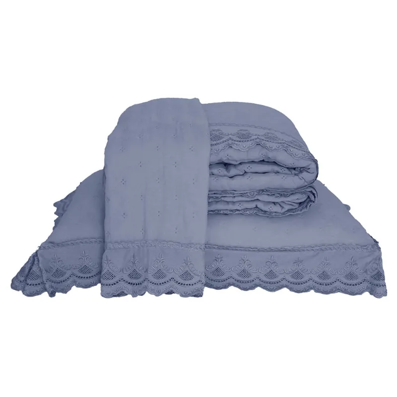 Colcha Percal Soft 300 Rendada Casal Azul