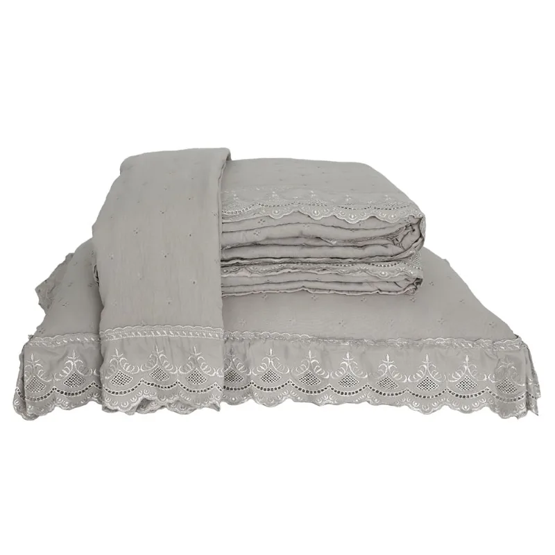Colcha Percal Soft 300 Rendada Casal Cinza Claro