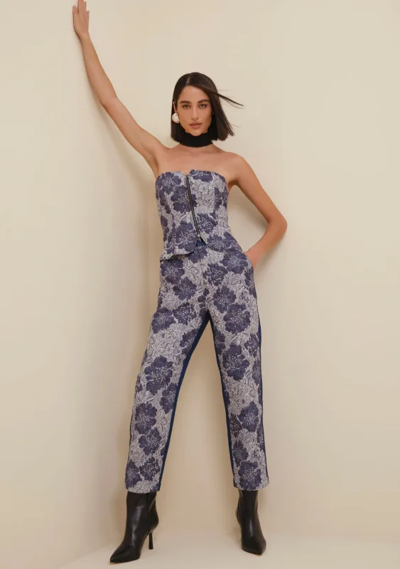 Calça Morena Rosa Reta Renata Cós Alto Composê De Tecidos Azul Marinho - Morena Rosa - Outlet