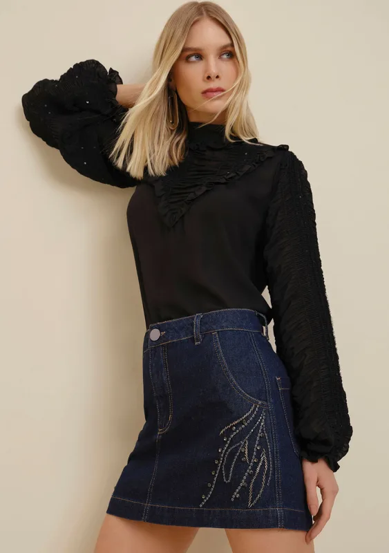 Saia Morena Rosa Curta Five Pockets Com Bordado Jeans - Morena Rosa - Outlet