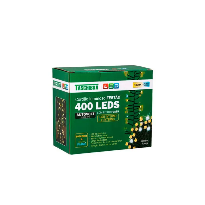 Cortina Festão Luminosa 400 Leds Estatica Com Led Flash 3000k Taschibra - Taschibra