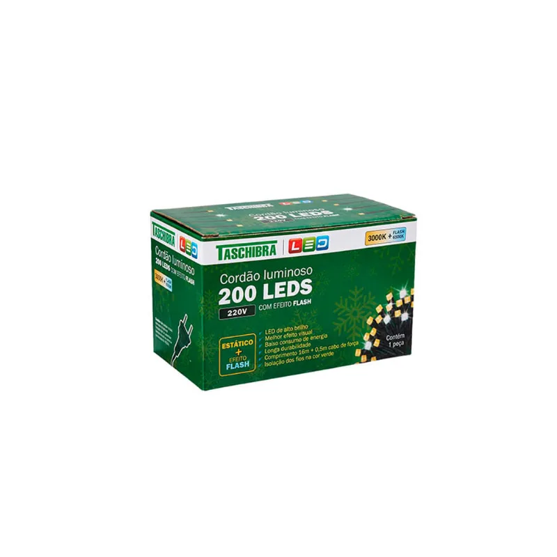 Cordão Luminoso 200 Leds Estatico Com Led Flash 3000k Taschibra