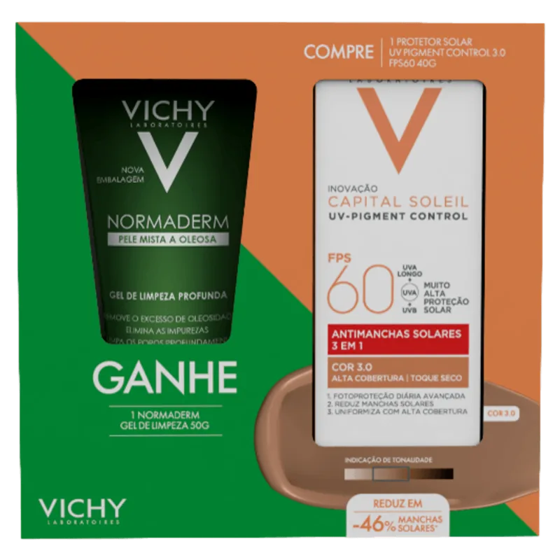 Kit Vichy Protetor Solar Facial FPS 60 Capital Soleil UV-Pigment Control 3.0 40g + Gel de Limpeza Normaderm 50g