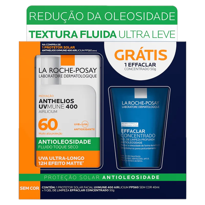 ANTHELIOS Protetor Solar Facial Fluido UVMune FPS60 40ml Kit com Gel Effaclar 50g Toque Seco - ANTHELIOS