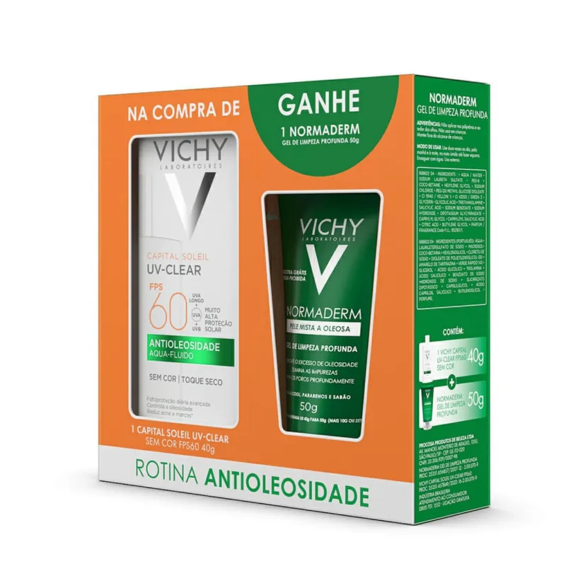 Kit Vichy Protetor Solar Capital Soleil UV- Clear Sem Cor FPS60 40g + Gel de Limpeza Profunda Normaderm 50g - Vichy