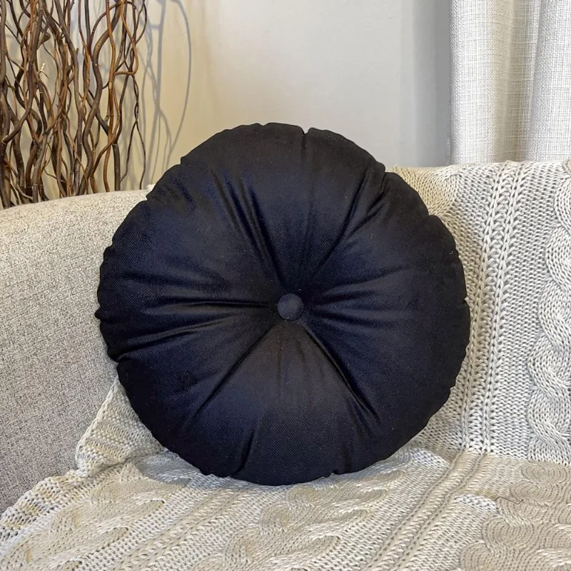 Almofada Velveteen 50cm preta redonda com botão central, tecido aveludado macio e acabamento sofisticado para decoração elegante Belchior