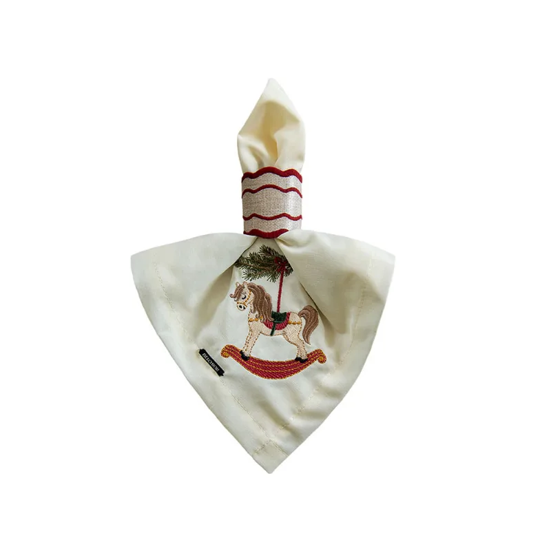 Guardanapo Belchior Cavalo De Balanço Natalino Bordado Tecido Tricoline Medida 43cmx43cm
