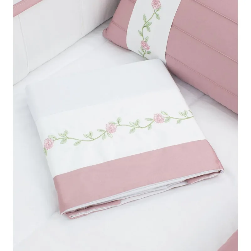 Jogo de Lençol para Berço Bordado Rosas com 3 peças Rosa
