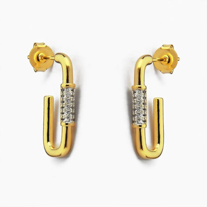 Brinco De Argola Retangular Com Parte Cravejado Em Zircônia Banhado Em Ouro 18k - Atraktiva Joias