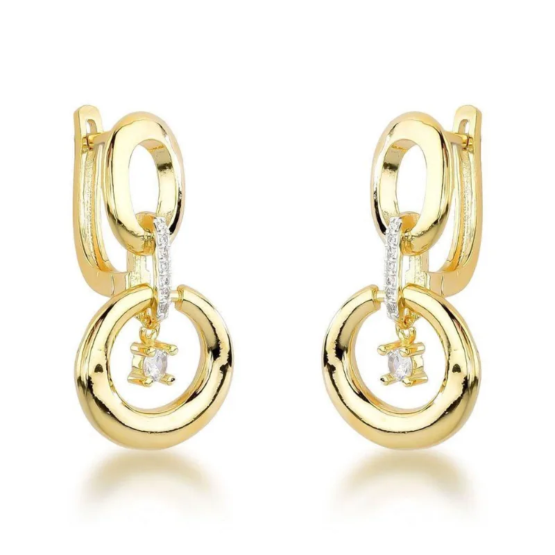 Brincos De Argola Dupla Com Pingente De Cristal - Banhados A Ouro 18k