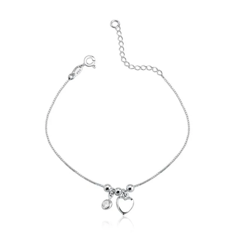 Tornozeleira Bolas 3mm Coração Ponto de Luz Prata 925 - Atraktiva Joias - Moda