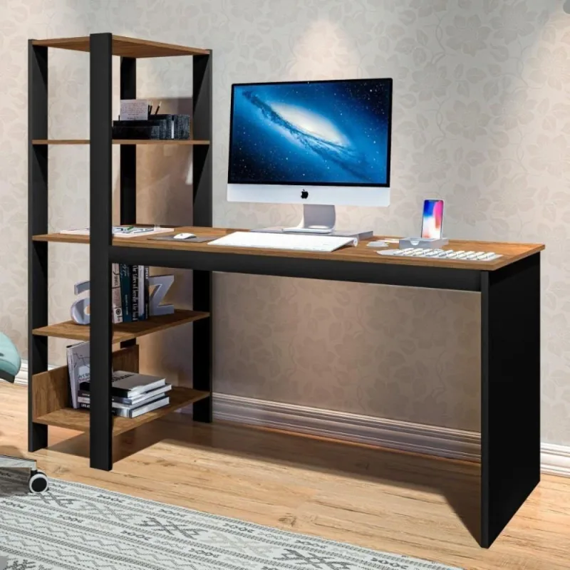 Mesa Industrial Com Prateleira Para Escritório Simet Preto E Canela - OUTRAS - Agro