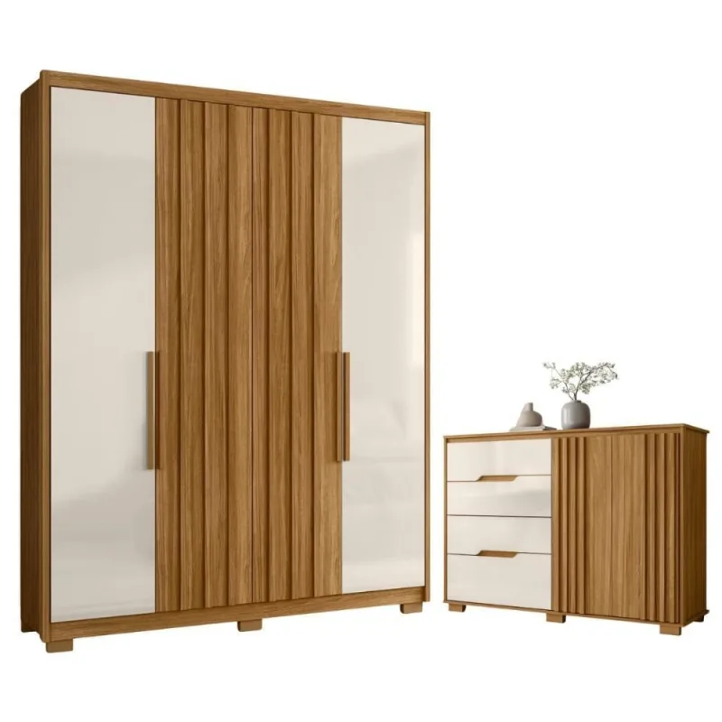 Conjunto Quarto Casal Dubai Ripado 4 Portas 3 Gavetas MDP 176 cm Off White Casa H - OUTRAS
