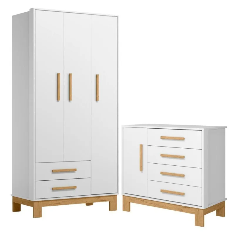 Roupeiro Com 3 Portas E Cômoda Malta Branco Acetinado - Qmovi