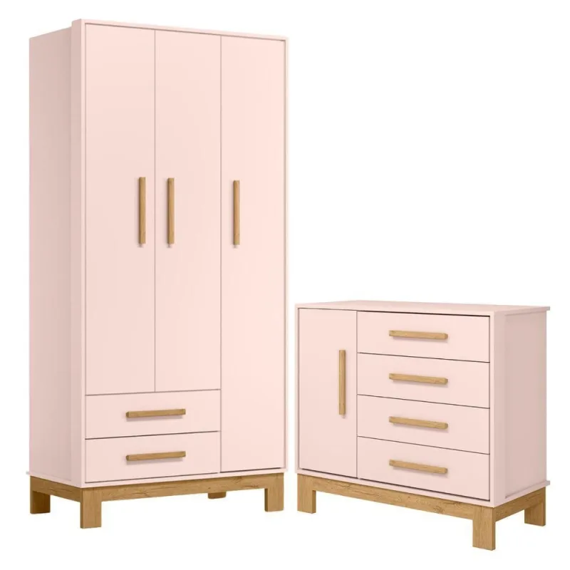 Roupeiro Com 3 Portas E Cômoda Mlata Rosa Acetinado - Qmovi - Agro