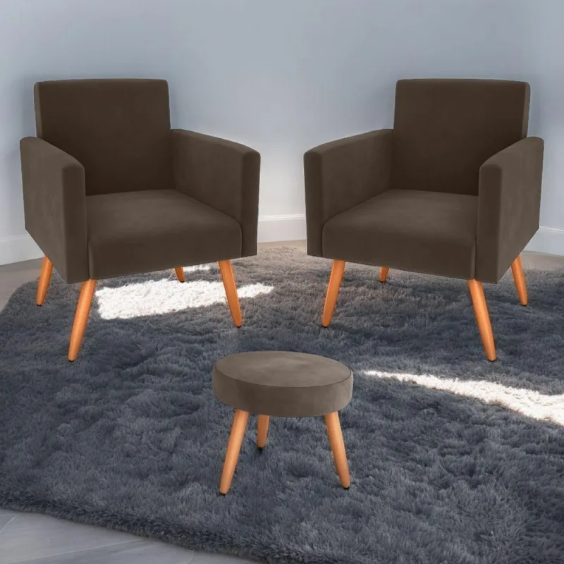 Conjunto Poltronas E Puff Anari Veludo Marrom CasaH - Casah - Móveis