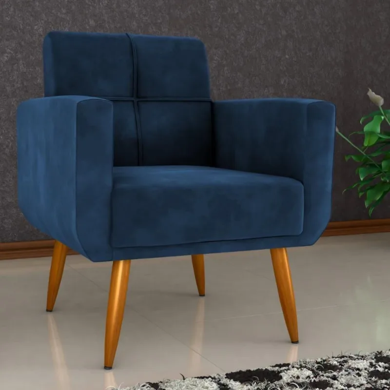 Poltrona Decorativa Juan Veludo Azul Casa H - OUTRAS - Agro