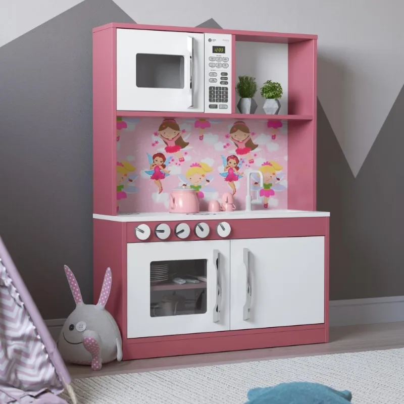 Armário Cozinha Infantil Lux Branco Rosa
