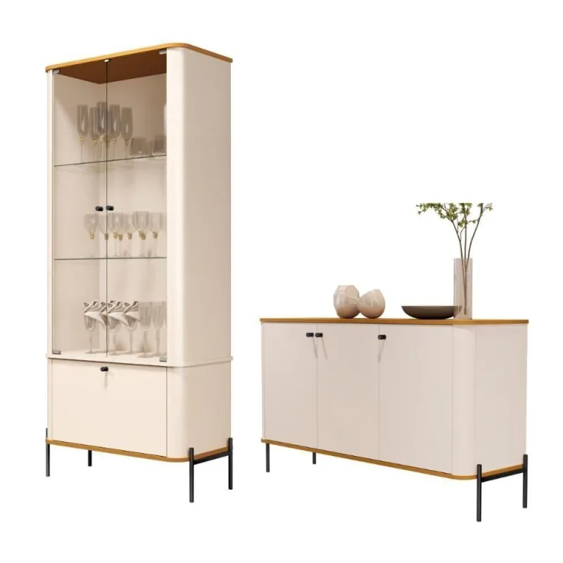 Conjunto Buffet E Cristaleira Rouxinol Off White Nature Preto - OUTRAS