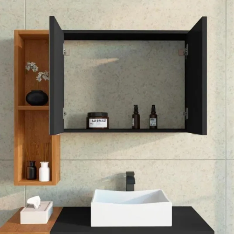 Espelheira com Nicho Argélia 2 Portas MDP Preto Fosco 54cm Casah - Casah