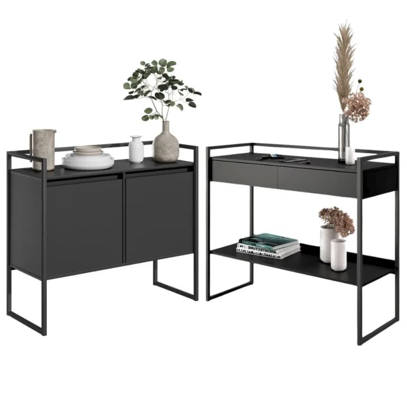 Conjunto Buffet Compacto E Aparador Industrial Preto - OUTRAS - Móveis