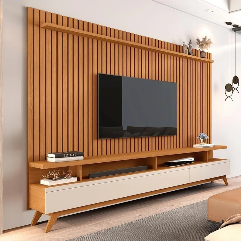 Conjunto De Sala Painel Ripado E Rack Roma Nature Off White - OUTRAS