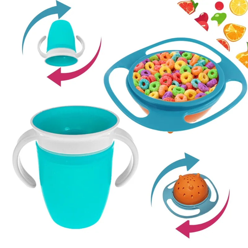 Copo Antivazamento + Prato Infantil Não Derruba Comida 360 Giro Giratório Treinamento Transição Rosa e Azul Bebe Baby