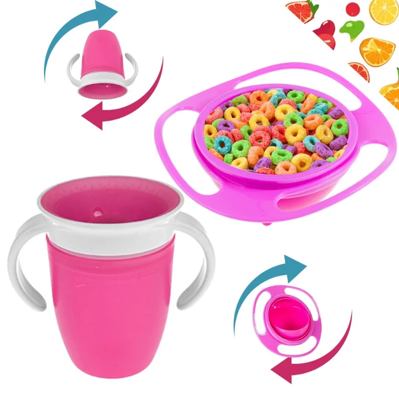 Copo Antivazamento + Prato Infantil Não Derruba Comida 360 Giro Giratório Treinamento Transição Rosa e Azul Bebe Baby
