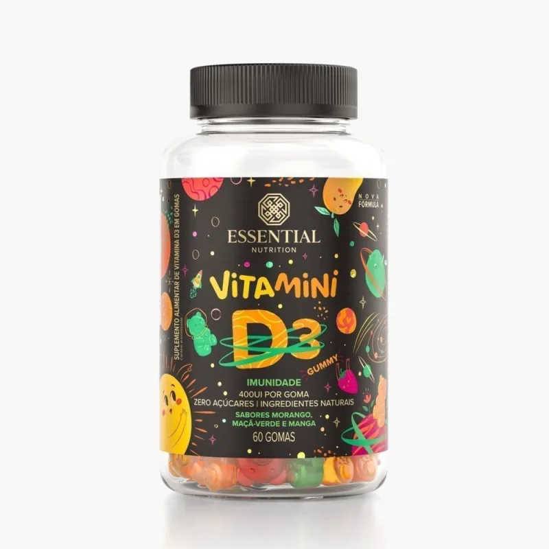 Vitamini D3 Gummy 400UI Morango, Maçã-Verde e Manga Essential Nutrition 60 Gomas - Essential Nutrition - Suplementos