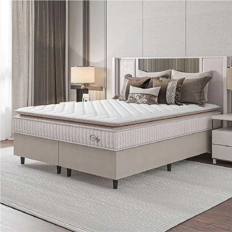 Cama Box Colchão Casal King Molas Ensacadas City Pillow Top 193x203x61cm Bege Branco Hellen