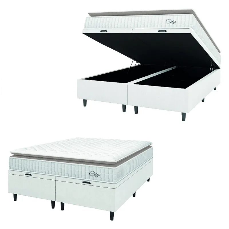 Cama Box Colchão Baú Casal King Molas Ensacadas City Pillow Top 193x203x64cm Branco / Bege Hellen - Hellen