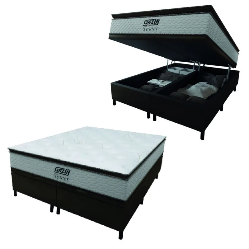 Cama Box Baú King Gazin Colchão Molas Ensacadas Com Pillow Top Tower 193x203x75cm Branco / Marrom - Não Disponível - Móveis