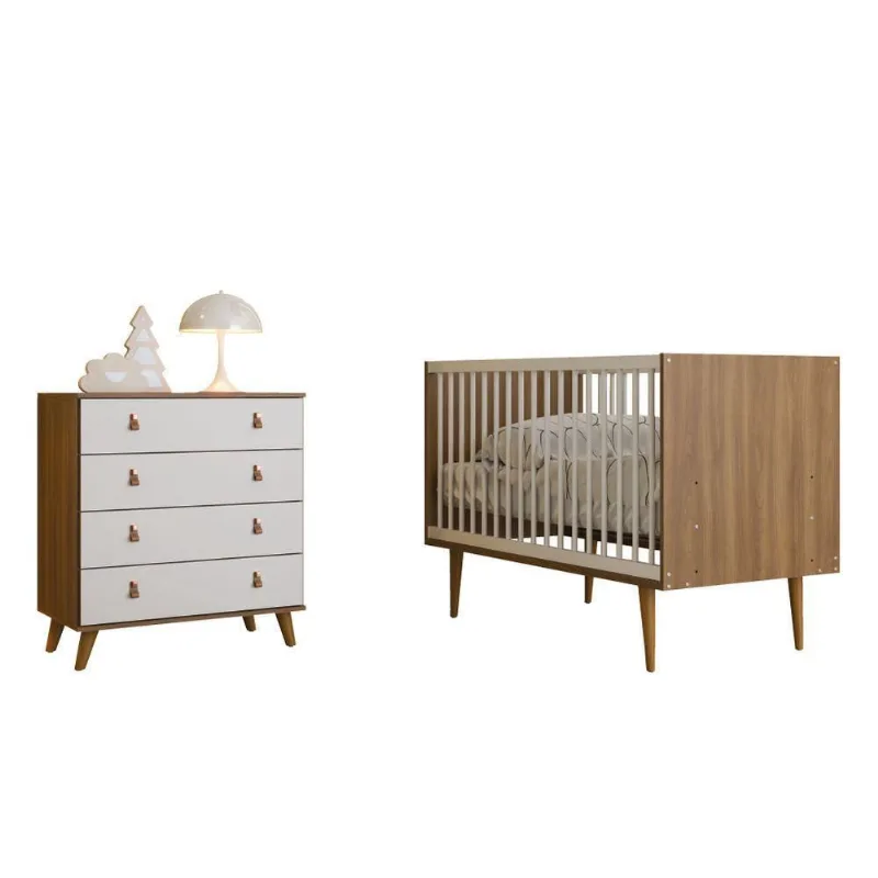 Dormitório Infantil Berço Americano E Cômoda Para Quarto Bebê Encanto Madeirado - Branco Batrol