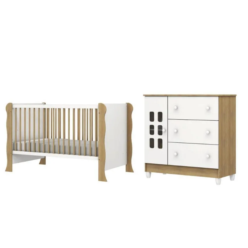Dormitório Infantil Berço Americano Mini Cama 2 Em 1 E Cômoda Luna Branco-madeirado Bra-mad No