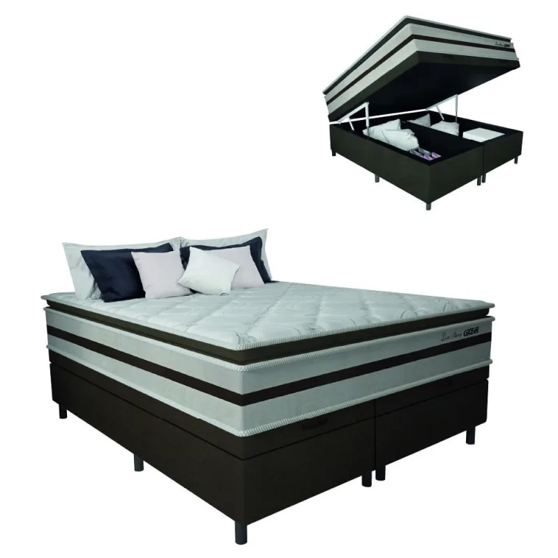 Cama Box Baú Casal King Gazin Colchão Molas Ensacadas Pillow Top Love Story 193x203x71cm Branco / Marrom - Suporta Até 120Kg Por Pessoa - Não Disponível