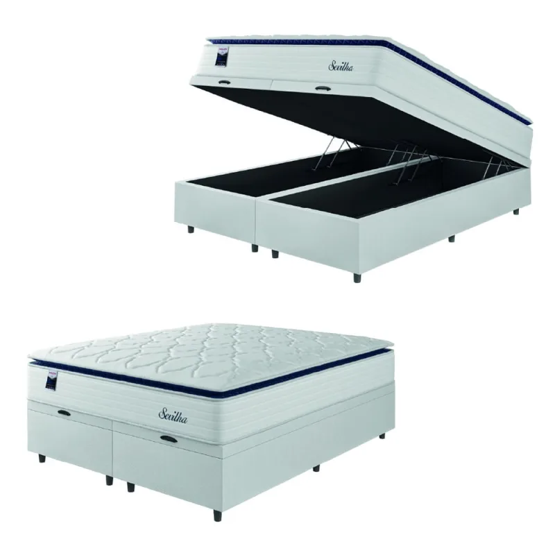 Cama Box Baú Casal King Colchão Molas Ensacadas Com Pillow Sevilha 193x203x74cm Branco/Cinza Hellen – Suporta Até 150 Kg Por Pessoa - Hellen