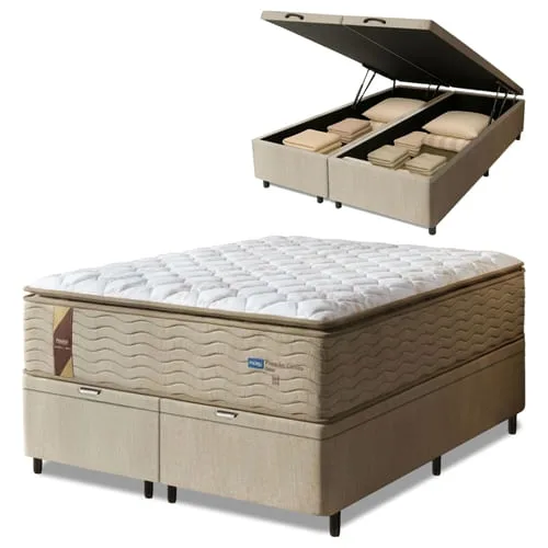 Cama Box Baú Casal King Colchão Molas Guarda Costas Max Com Pillow 193x203x81cm Suede Bege/Branco - Probel