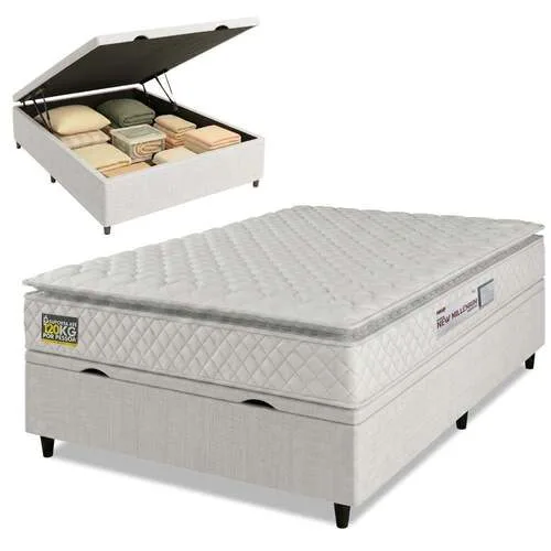 Cama Box Baú Casal Colchão Espuma D33 Pillow Top New Millenium 138x188x60cm Branco Hellen - Não Disponível