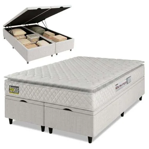Cama Box Baú Casal Queen Colchão Espuma D33 Pillow Top New Millenium 158x188x60cm Branco - Hellen