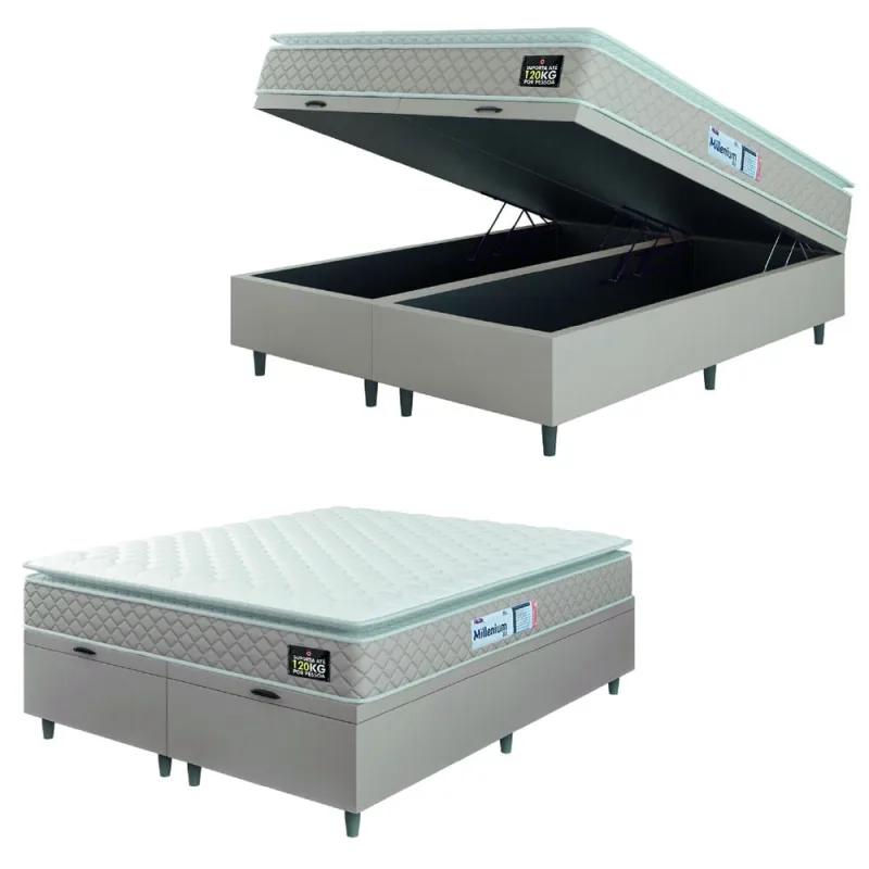 Cama Box Baú Casal Queen Colchão Espuma D33 Pillow Top Millenium 158x198x60cm Suede Bege/Branco - Hellen