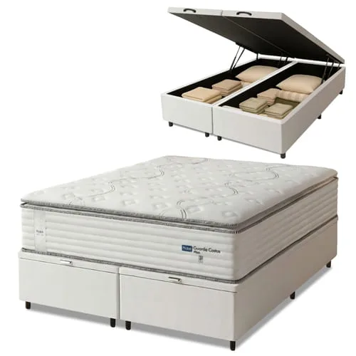 Cama Box Baú Casal King Colchão Molas Guarda Costas Max Com Pillow 193x203x81cm Branco/Cinza - Probel