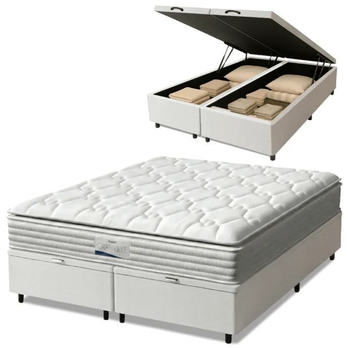 Cama Box Baú Casal Queen Colchão Molas Ensacadas Granville Com Pillow 158x198x69cm Branco Probel - Probel