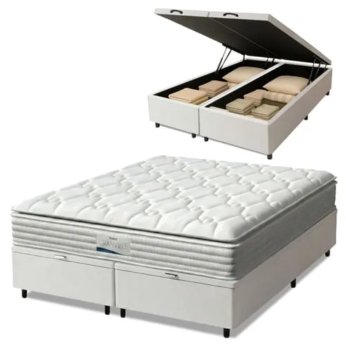 Cama Box Baú Casal King Colchão Molas Ensacadas Granville Com Pillow 193x203x69cm Branco - Probel