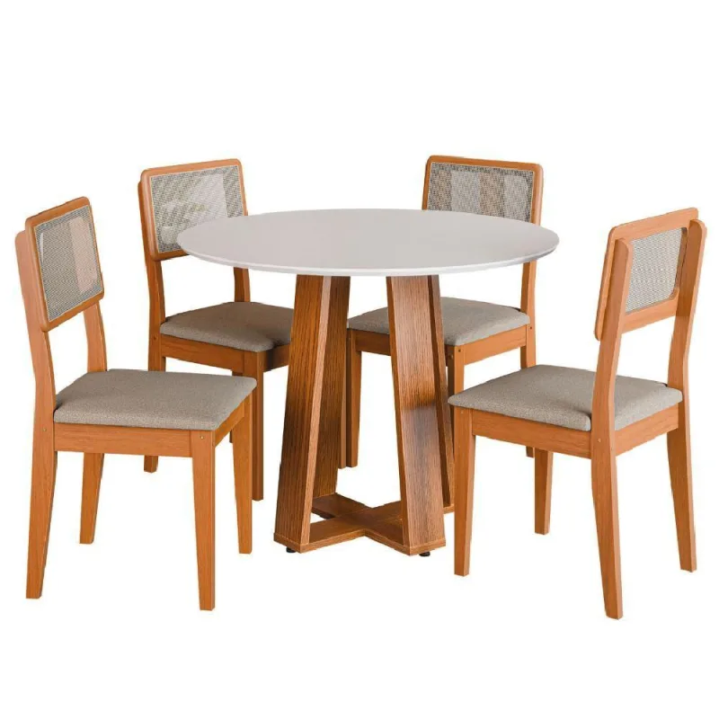 Conjunto Sala De Jantar Mesa Athenas Redonda 4 Cadeiras Santiago Dobuê Madeirado Off White - Dobuê Movelaria - Móveis