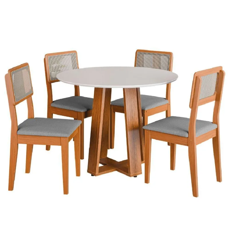 Conjunto Sala De Jantar Mesa Athenas Redonda 4 Cadeiras Santiago Dobuê Madeirado Cinza - Dobuê Movelaria