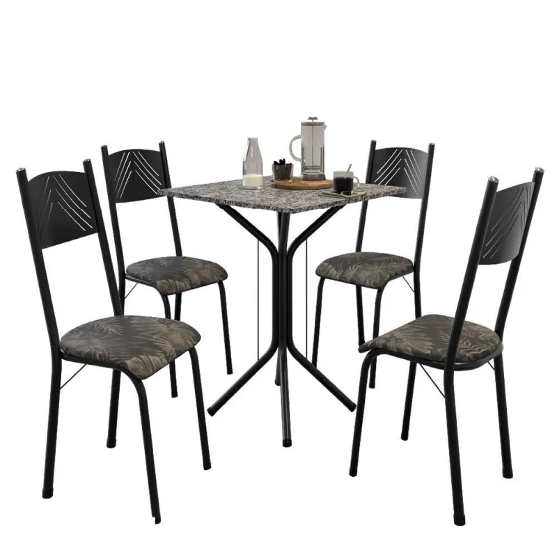 Conjunto De Mesa Sala De Jantar Thais Com 4 Cadeiras Granito Tubular Artefamol Preto/flor - Artefamol - Móveis